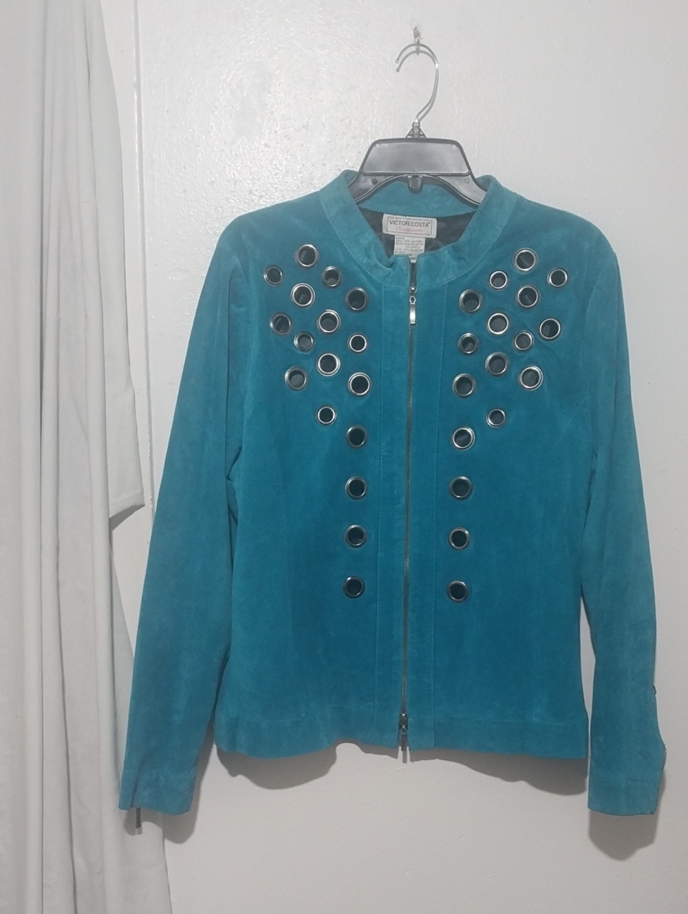 Victor Costa Teal Suede Zip Jacket with Grommet Accents